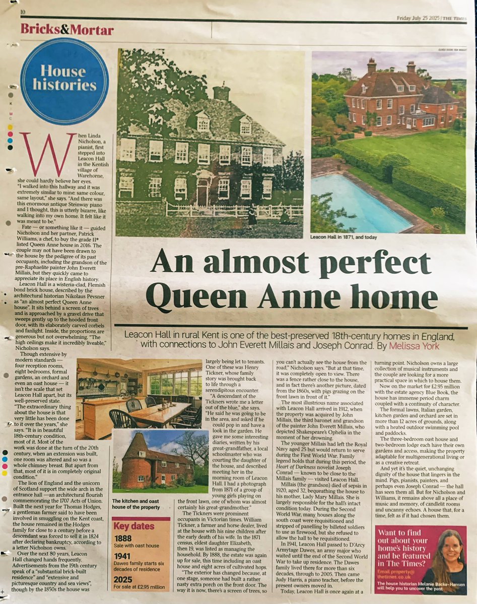 HouseHistorian's tweet image. Today’s #househistory in The Times, with history from me, features a beautiful house in Kent linked to the family of artist of John Everett Millais and is also believed to have been visited by author Joseph Conrad! 😀 #househistories