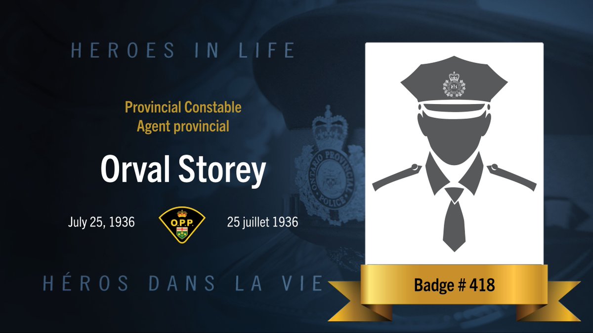 OPPCommissioner's tweet image. On July 25, 1936, OPP Provincial Constable Orval Storey died in the line of duty. His life and sacrifice will always be remembered. #HeroesInLife
-
Le 25 juillet 1936, l’agent provincial Orval Storey de la Police provinciale de l'Ontario est décédé dans l'exercice de ses…