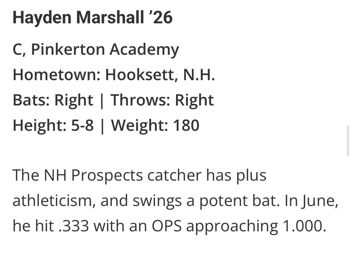 Thank you <a href="/NE_Baseball/">NE Baseball Journal</a> for selecting me as one of the 50 summer standouts across New England in the class of 26.
<a href="/CoachCarmain/">Chris Carmain</a> <a href="/NHProspectsBC/">NH Prospects Baseball Club</a> <a href="/MatthewBouch13/">Matthew Bouchard</a> <a href="/BUncommitted/">Baseball_Uncommitted</a> 
<a href="/jimmyboudreau25/">Jacob Boudreau</a>