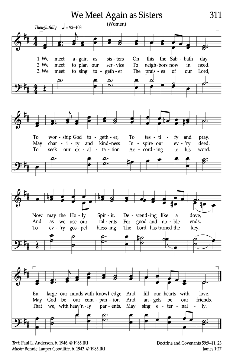 iamian's tweet image. #Hymn311 𝗪𝗲 𝗠𝗲𝗲𝘁 𝗔𝗴𝗮𝗶𝗻 𝗮𝘀 𝗦𝗶𝘀𝘁𝗲𝗿𝘀
We meet again as sisters
On this the Sabbath day
To worship God together,
To testify and pray.
Now may the Holy Spirit,
Descending like a dove,
Enlarge our minds with knowledge
And fill our hearts with love.
2.
We meet to…