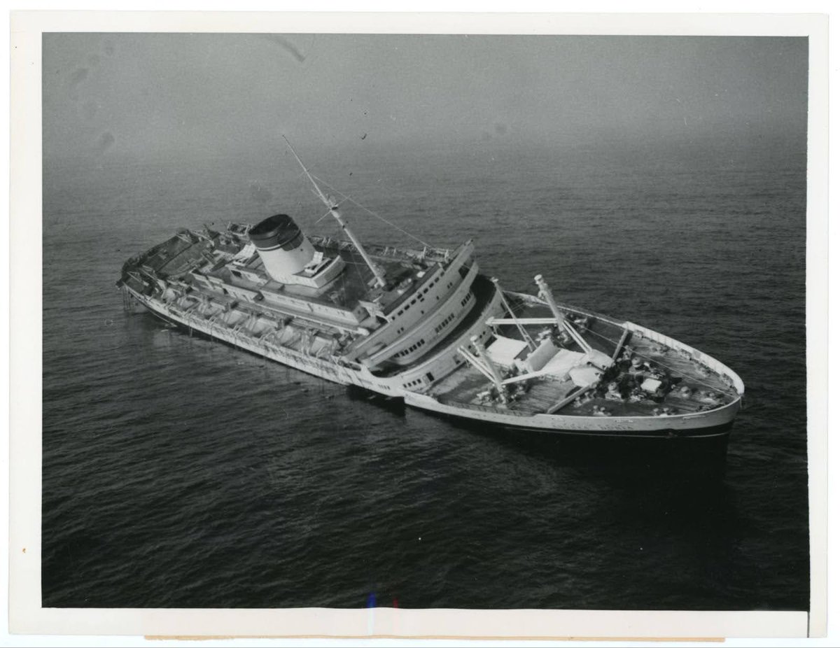 The Italian transatlantic SS Andrea Doria was struck by the Swedish liner MS Stockholm and capsized off the coast of Nantucket, Massachusetts, #OnThisDay in 1956. Though not the largest or fastest ocean liner of its era, Andrea Doria was widely regarded as the most beautiful.