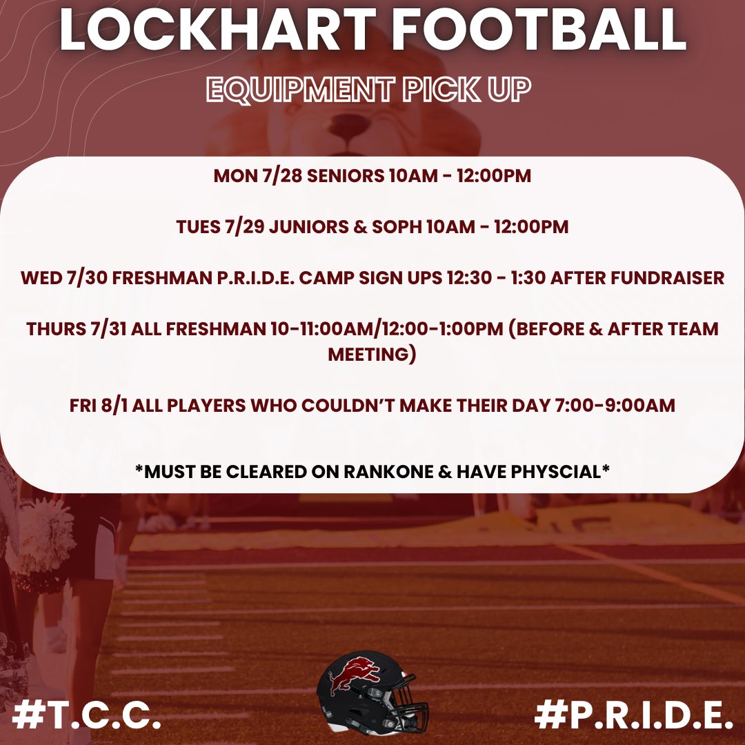 Lockhart Athletics (@loclions) on Twitter photo Attention <a href="/1LHSLions/">Lockhart Lion Football</a> players and parents. Important equipment pickup information below. The season is near! Attention <a href="/1LHSLions/">Lockhart Lion Football</a> players and parents. Important equipment pickup information below. The season is near!