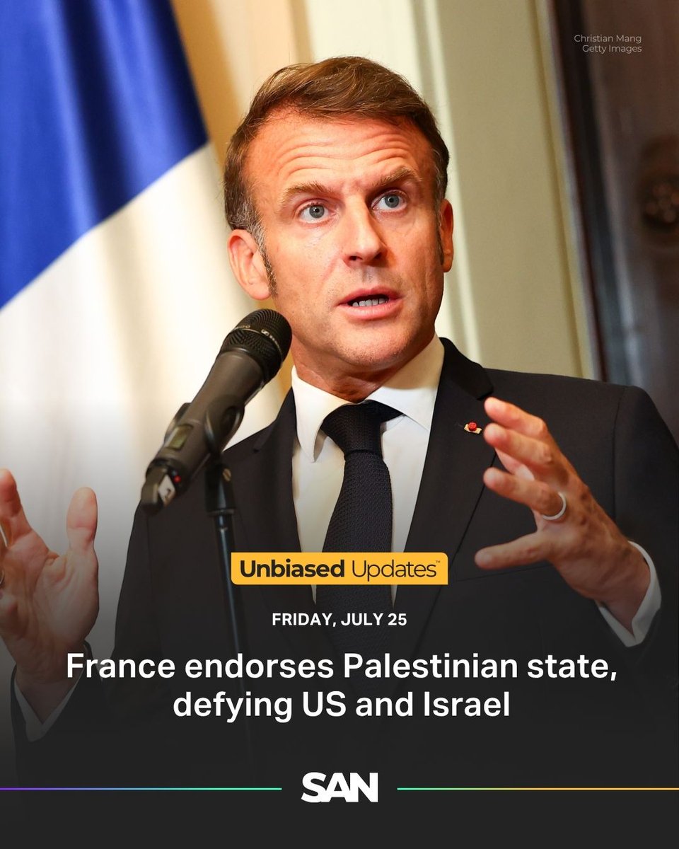 StraightArrow__'s tweet image. French President Emmanuel Macron announced on X Thursday that France will recognize a Palestinian state, citing the country’s long-standing support for a two-state solution and the urgent need to end the war in Gaza. France will be the first G7 and permanent U.N. Security Council…