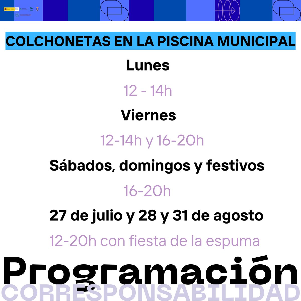 Ayto. Lora del Río (@aytoloradelrio) on Twitter photo ℹ️ El <a href="/aytoloradelrio/">Ayto. Lora del Río</a> informa de las actividades de ‘Corresponsabilidad’ dirigida a los más pequeños y jóvenes para este verano, gracias a una subvención de la <a href="/AndaluciaJunta/">Junta de Andalucía</a>: colchonetas en la Piscina Pública (días y horarios) <a href="/IgualdadAND/">Inclusión Social, Juventud, Familias e Igualdad</a> <a href="/Luisa_Cava/">María Luisa Cava</a> <a href="/vanesilla28/">Vanessa Serrano</a>. ℹ️ El <a href="/aytoloradelrio/">Ayto. Lora del Río</a> informa de las actividades de ‘Corresponsabilidad’ dirigida a los más pequeños y jóvenes para este verano, gracias a una subvención de la <a href="/AndaluciaJunta/">Junta de Andalucía</a>: colchonetas en la Piscina Pública (días y horarios) <a href="/IgualdadAND/">Inclusión Social, Juventud, Familias e Igualdad</a> <a href="/Luisa_Cava/">María Luisa Cava</a> <a href="/vanesilla28/">Vanessa Serrano</a>.