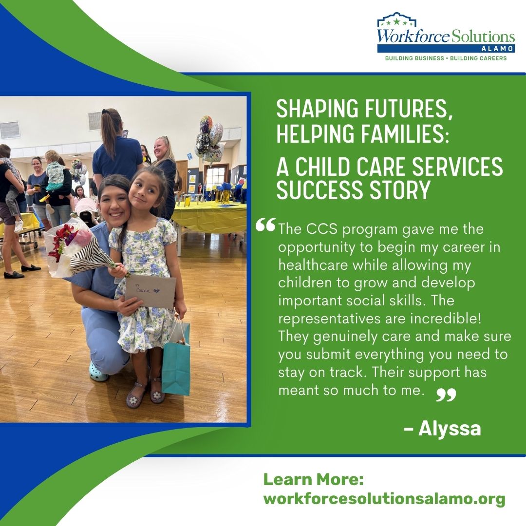 Alyssa launched her healthcare career with help from Workforce Solutions Alamo’s Child Care Services (CCS)! The program allowed her to work while her children gained valuable social skills.

Learn more:
workforcesolutionsalamo.org/apply-for-chil…

#Workforce #ChildCare #WorkforceSolutionsAlamo