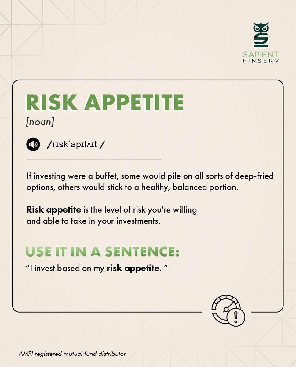 SapientFinserv's tweet image. Investing well starts with knowing what you’re comfortable with.
That’s your risk appetite.
#sapientfinserv #finance #financialterms #financialliteracy #financialwords #financeworld #words #risk #riskappetite #explanation #jargon #financialjargons
