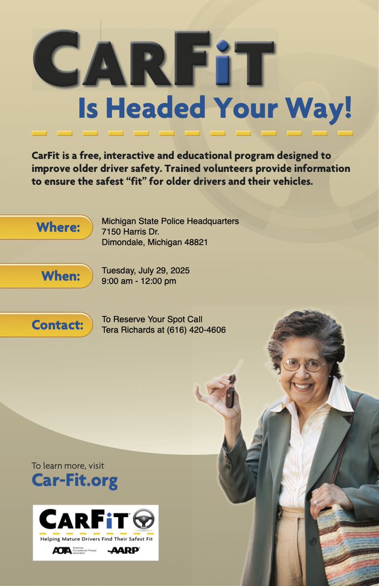 Michigan Department of State (@michsos) on Twitter photo 📆The Michigan Department of State will be participating in <a href="/MichStatePolice/">Michigan State Police</a> Safety Day in the Lansing area on July 29. Trained CarFit technicians will be present to help aging drivers feel comfortable and safe in their vehicles. Visit car-fit.org for more. 📆The Michigan Department of State will be participating in <a href="/MichStatePolice/">Michigan State Police</a> Safety Day in the Lansing area on July 29. Trained CarFit technicians will be present to help aging drivers feel comfortable and safe in their vehicles. Visit car-fit.org for more.