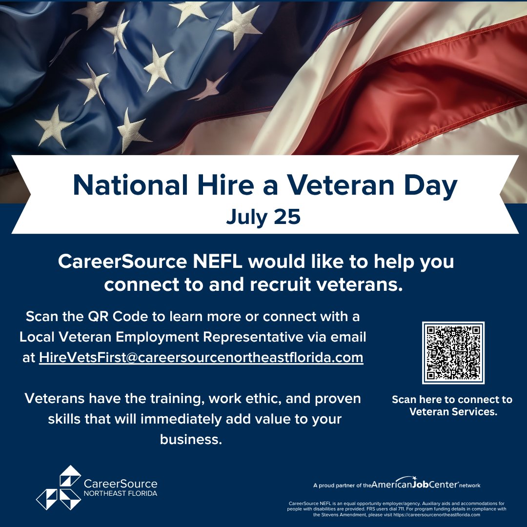 CareerSourceNEF's tweet image. 🎖️  Employers: Make hiring a vet your best next move.
Veterans are trained, tested, and mission-driven. 
👉 On #NationalHireAVetDay, commit to building a stronger team by tapping into military talent.
#VeteranTalent #HireAVet #CareerSourceNEFL #WorkforceReady