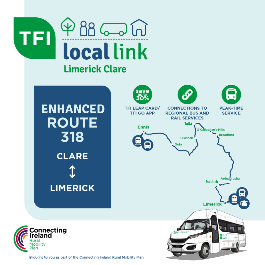 TFIupdates's tweet image. From August 4th, TFI Local Link Limerick Clare Route 318 will be enhanced and rerouted to Tulla and will operate three daily return services Monday to Sunday with an additional late evening service on Friday and Saturday.
For more information visit, ow.ly/sqVo50Wv9PQ