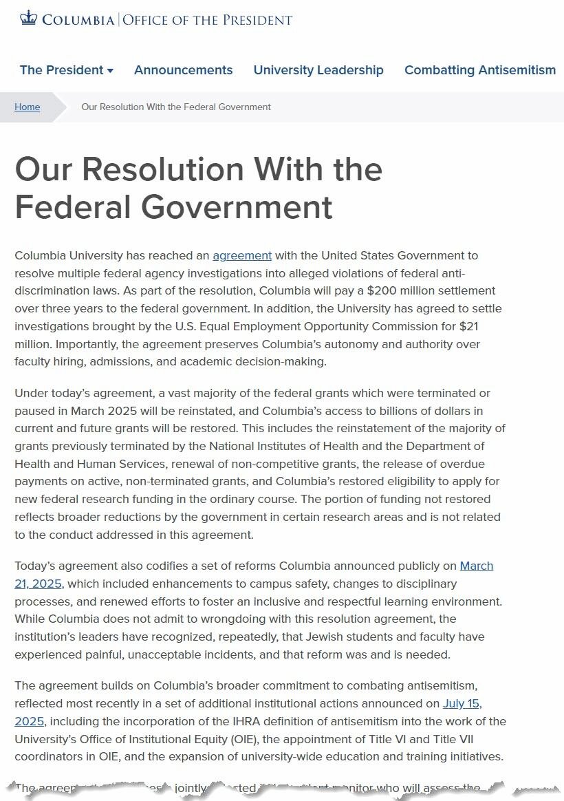HSubstack's tweet image. Universidade de Columbia concorda em pagar US$ 200 milhões para restaurar o financiamento federal - ZERO HEDGE - Tyler Durden - 23/7/2025 - A Universidade de Columbia concordou em pagar US$ 200 milhões para resolver alegações de discriminação contra estudantes judeus, em troca...