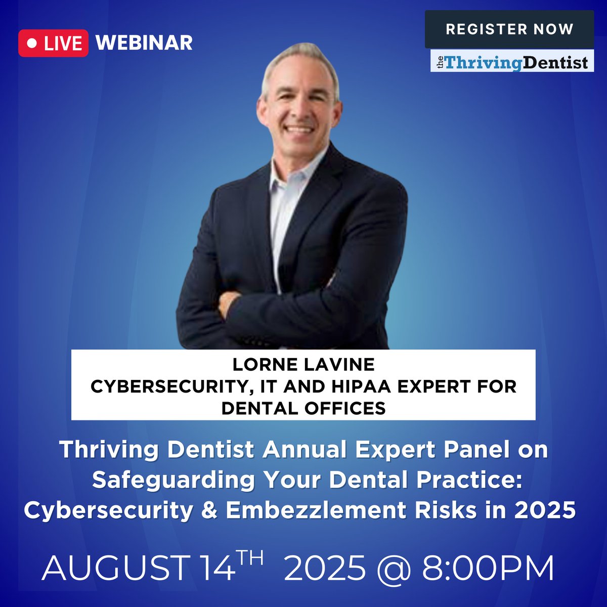 🛡️ Cyber threats and embezzlement are rising in dentistry.

Join top experts on Aug 14 at 8 PM EST for a free Thriving Dentist panel.

Learn how hackers break in, red flags of theft, and how to protect your practice. Live on Zoom + Q&amp;A.

👉 Register Now: us02web.zoom.us/webinar/regist…