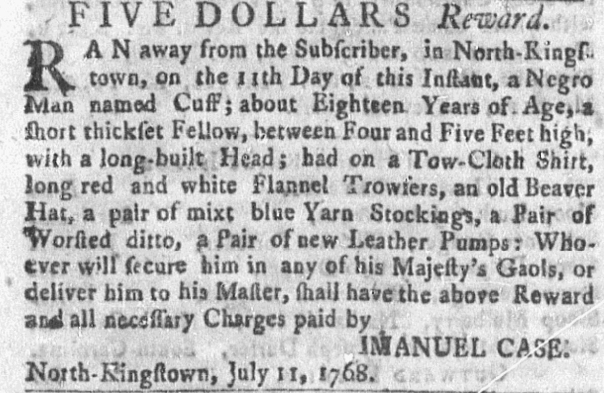 OTDRhodeIsland's tweet image. #OTD July 25, 1768, Immanuel Case, of North Kingstown (house pictured), ran a runaway ad in the Newport Mercury in which he offered a $5 reward for "a Negro man named Cuff; about 18 Years of Age, a short thickset Fellow, between 4 and 5 feet high with a long-built Head."