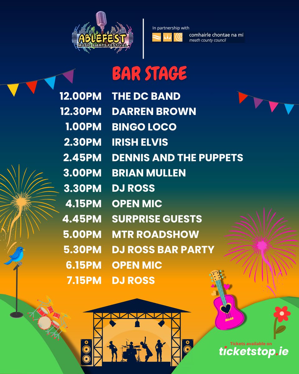 meathcoco's tweet image. Ablefest 2025 Bar Stage Schedule Announced!
We're less than 24 hours away from Ablefest 2025, Ireland's largest inclusive Music and Arts Festival for people with additional needs, at Fairyhouse Racecourse this Saturday!
Tickets are still available here: ticketstop.live/events/532