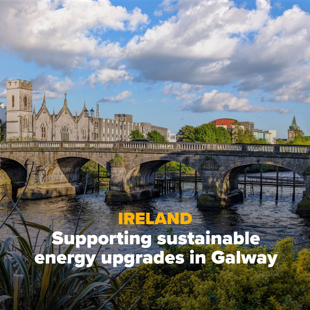 EIB's tweet image. EIB Advisory through ELENA supports Galway City Council’s climate plan by upgrading:
🔵5 public buildings
🔵15 community centres
🔵300 homes
with renewables and low-carbon heating.
The aim is to cut emissions and boost sustainability.
🔗 bit.ly/GALWAY_EIB