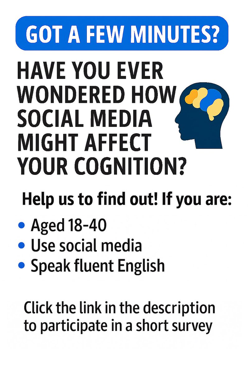Cagri ‘Chara’ Aksu, MD (@cagriaksumd) on Twitter photo Excited to support my sister in her Master’s research at London South Bank University! She’s conducting an important study on how social media affects cognition. If you meet the criteria, please consider participating and helping her complete this milestone.🥹
📢 Participants Excited to support my sister in her Master’s research at London South Bank University! She’s conducting an important study on how social media affects cognition. If you meet the criteria, please consider participating and helping her complete this milestone.🥹
📢 Participants