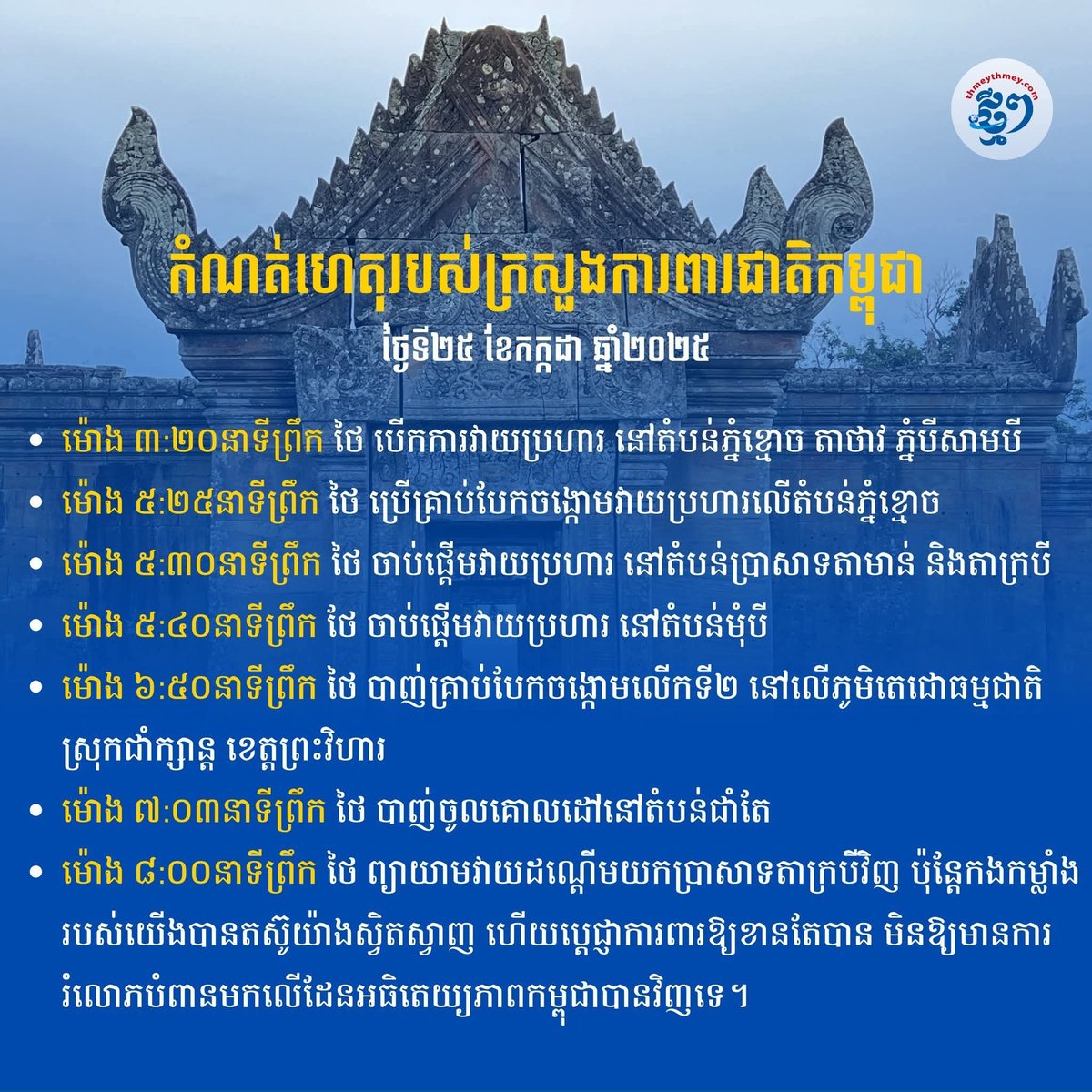 siefa517's tweet photo. កំណត់ហេតុរបស់ក្រសួងការពារជាតិកម្ពុជា ពីការឈ្លានពានរបស់ថៃ នៅថ្ងៃទី២៥ ខែកក្កដា​ ឆ្នាំ២០២៥
#Thailandstartedthewar #CambodiaSelfDefend #JusticeForCambodia https://t.co/HU8elITVoH