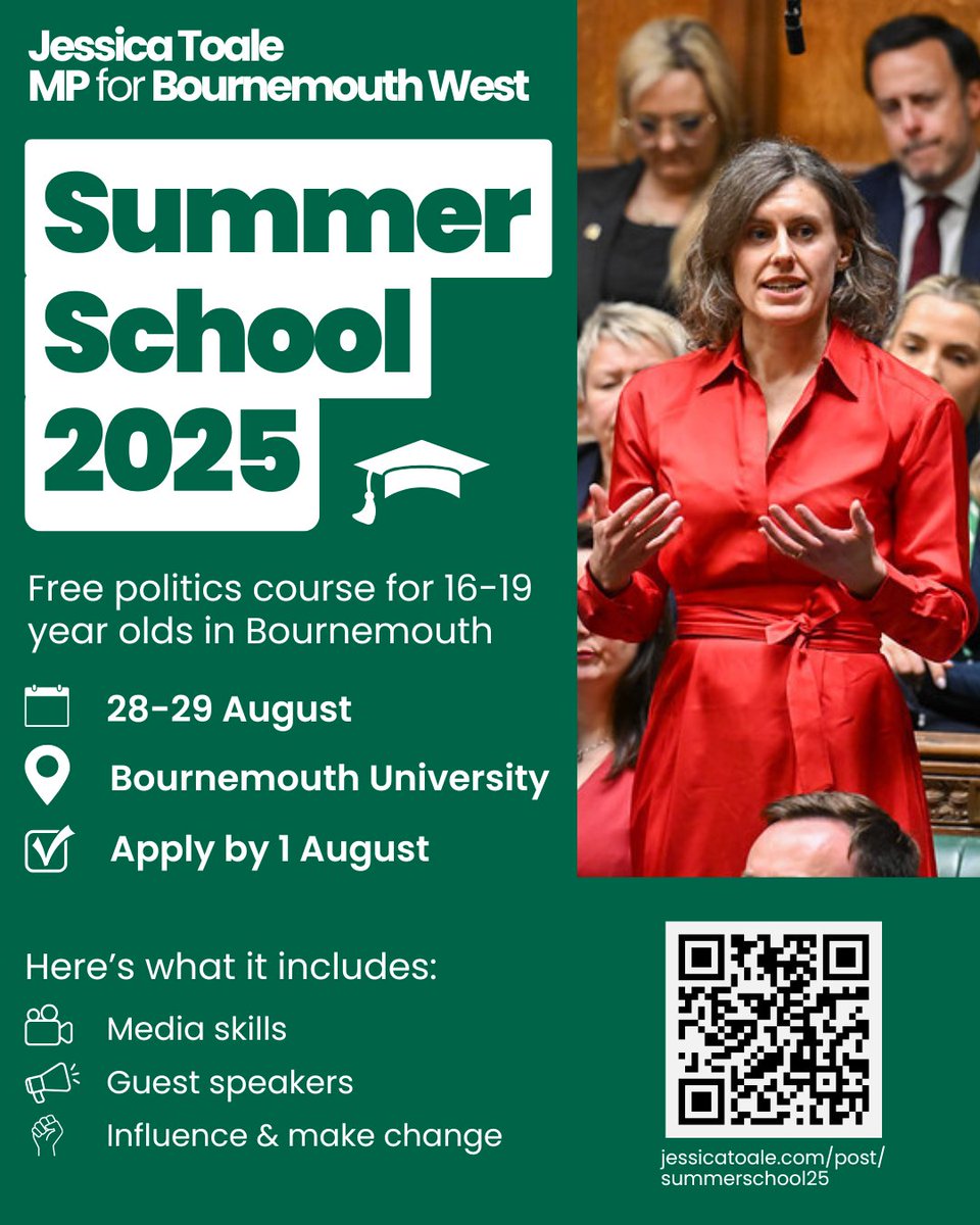 JessicaToale's tweet image. 🚨 7 days left to apply to my summer school!

Looking for motivated 16-19 year olds who want to make a difference. Two days exploring politics, engaging with speakers, building skills - developed with @bournemouthuni lecturers! 💪
For info &amp;amp; to apply➡️ jessicatoale.com/post/summersch…