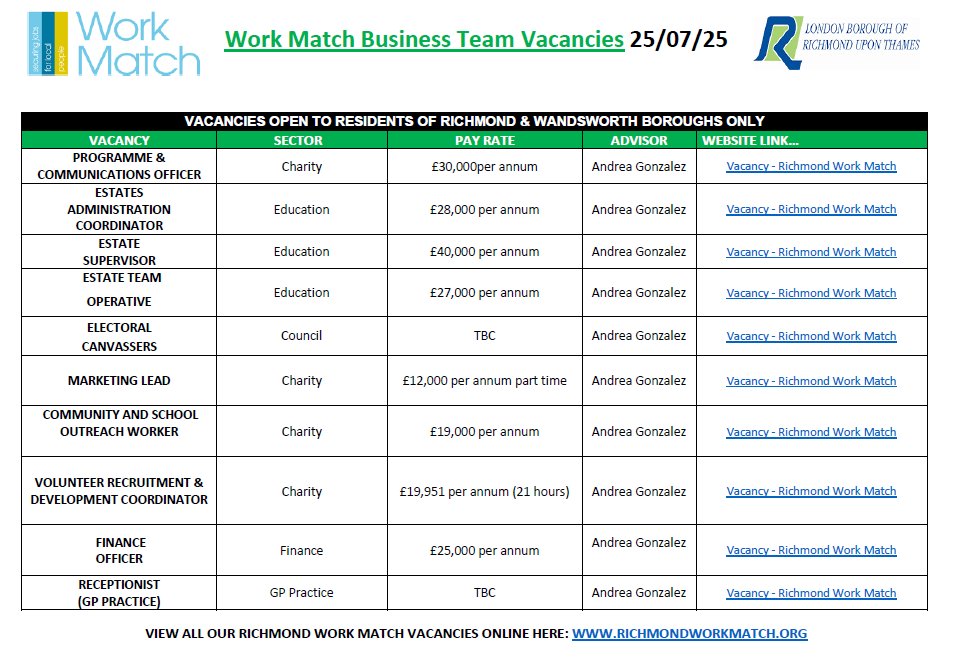 WorkMatchWrk's tweet image. It's #Friday
Our list of multisector vacancies from our business engagement team is out.
See images below for latest jobs vacancies in #Richmond & #Wandsworth open to residents of both boroughs 👇👇👇
For details & to apply➡️shorturl.at/pO6Gh
#LiveLocal #WorkLocal