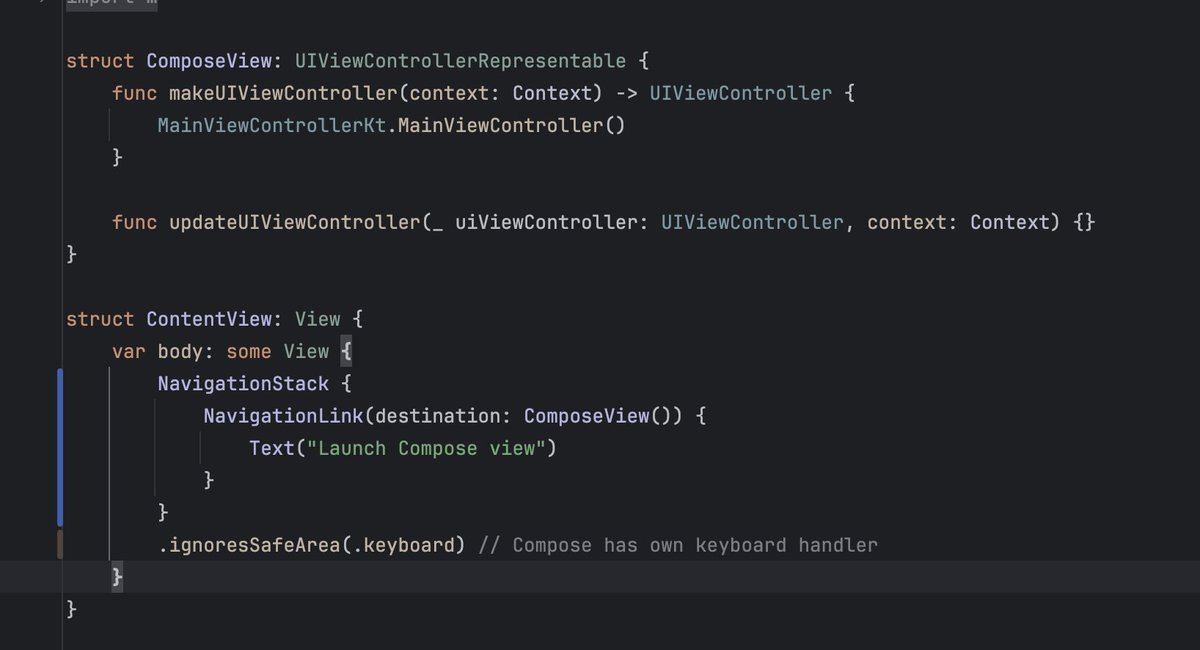 Dimillian's tweet image. KMM is a true killer just because you can do that. You can have as much or as little of SwiftUI as you want and call your Kotkin backend or Compose frontend anywhere.