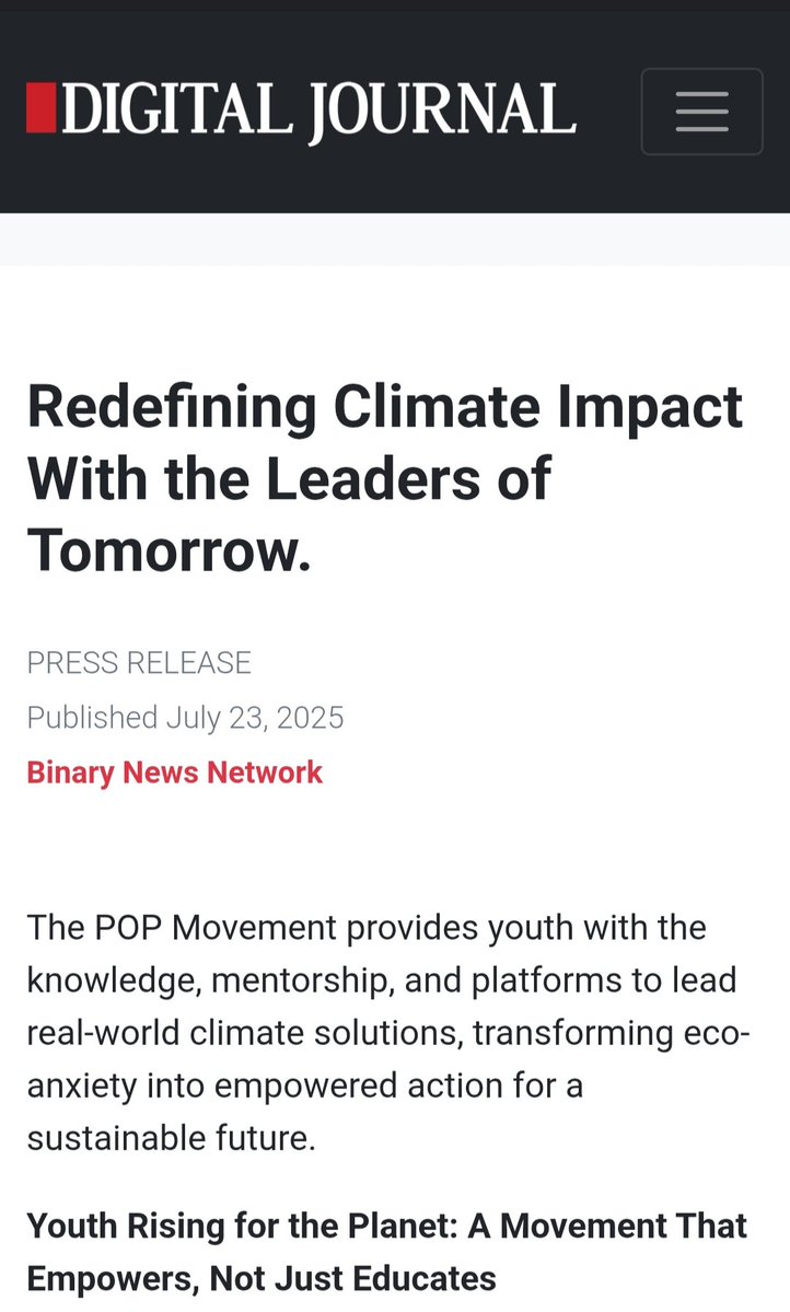 🌍 The POP Movement was recently #Featured in Digital Journal for redefining climate leadership!

Co-founded by Dr. Ash Pachauri &amp; inspired by Dr. R.K. Pachauri’s legacy, we empower youth in 100+ countries to turn awareness into action. 🌱

Read More:
bit.ly/POP-DigitalJou…