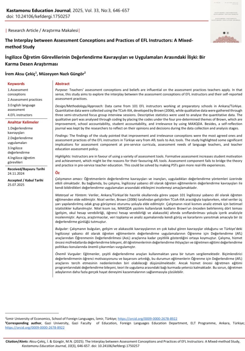DemirbasNazli's tweet image. Our new article is out now! #assessment #conceptions #EFL #instructors 

dergipark.org.tr/tr/download/ar…