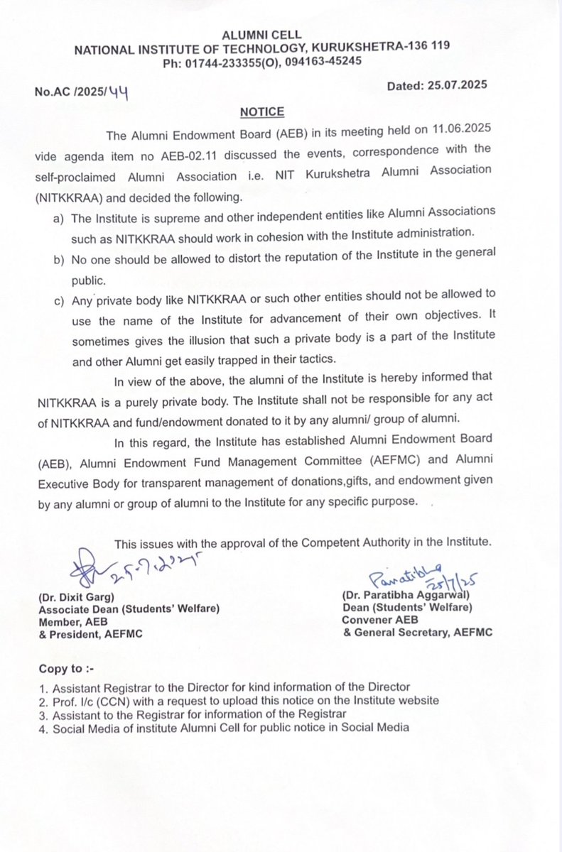 NITKKR_Alumni's tweet photo. Dear Connections, 
This is for your kind information please.

#AlumniCell
#AlumniCellNITKurukshetra
#NITKurukshetra https://t.co/D2DMaXe4zA