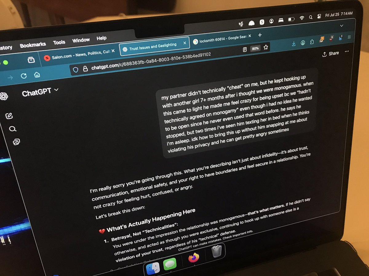 Last week, my gf and I co-decided to let her end our relationship. Today, I was horrified by what I found on her computer: that her end of this co-decision was made under the sycophantic influence of ChatGPT.

I never thought AI-induced psychosis would touch MY life. I was naive.