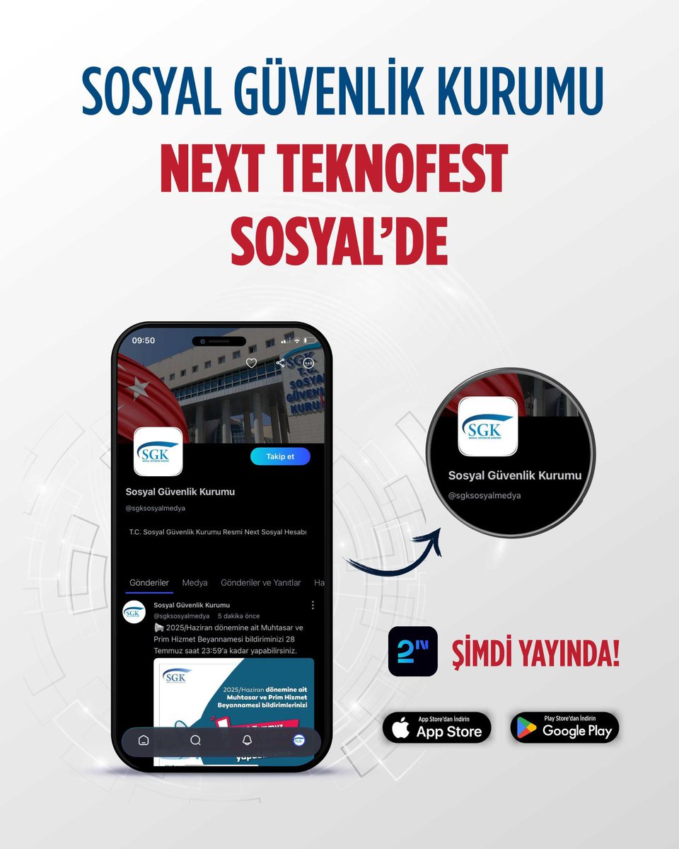 Sosyal Güvenlik Kurumu olarak yerli ve milli sosyal medya platformumuz Next Teknofest Sosyal’de yerimizi aldık 🚀

Bizi takip etmek için: sosyal.teknofest.app/@sgksosyalmedya
