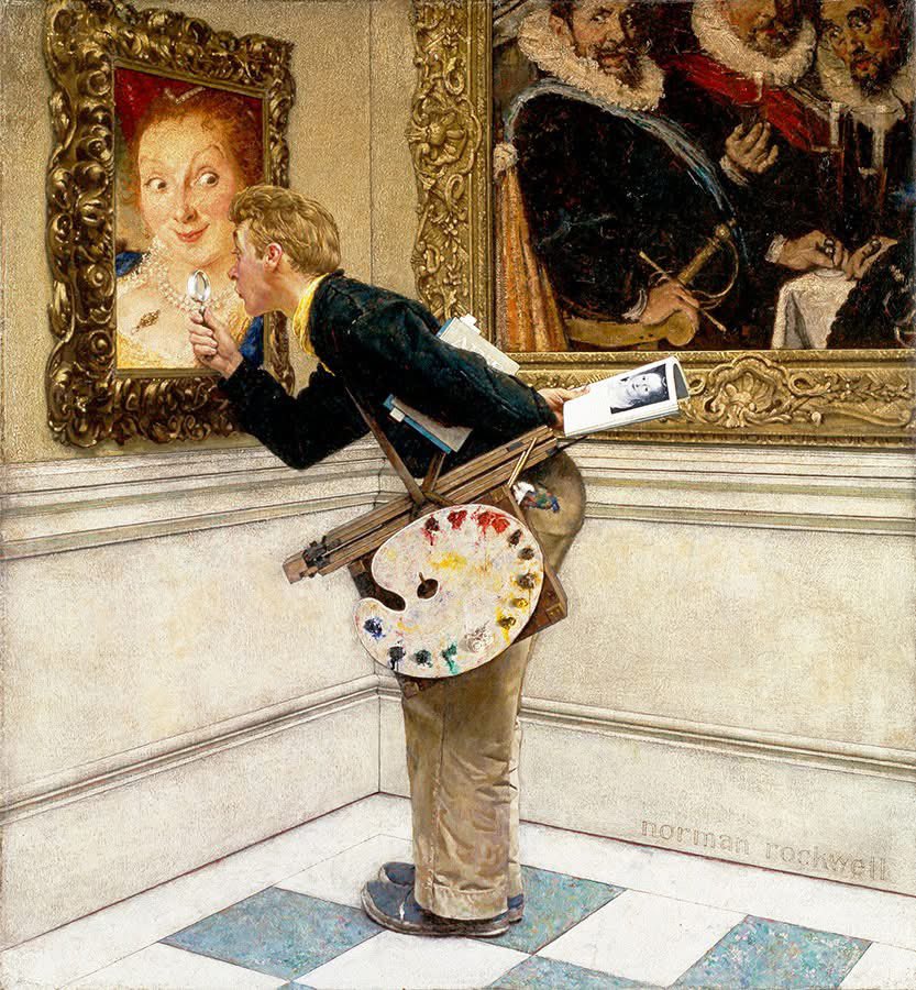 CindySinor's tweet image. Norman Rockwell's Art Critic (1955) is one of the artist's most popular works, and may have been the most difficult to complete. At least 13 different studies were produced in preparation for the painting, with his wife Mary and son Jarvis used as his final models.