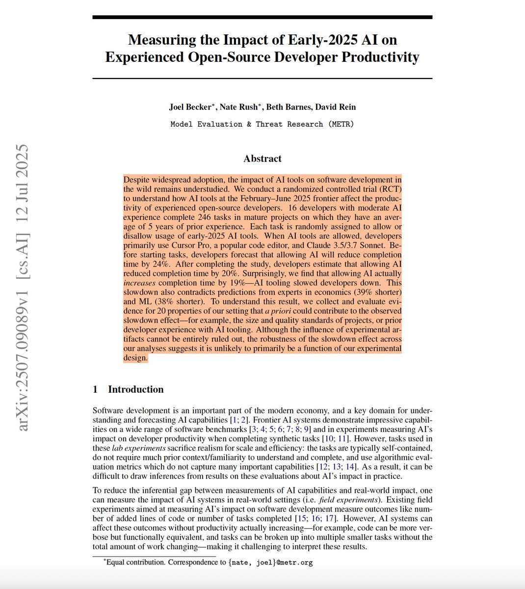 c_magro's tweet image. ¿Y si resulta que al incorporar la #IA la productividad no solo no aumenta sino que disminuye?
Esto es lo que sugieren @joel_bkr et al., en este trabajo centrado en el impacto de herramientas de IA en desarrolladores experimentados
Lo puedes leer aquí👇
arxiv.org/pdf/2507.09089