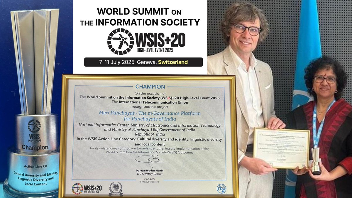 GoI_MeitY's tweet image. Ms. Sunita Jain, Senior Director (IT) &amp;amp; HoD, Panchayati Raj Informatics Division, NIC received the prestigious WSIS+20 Champions 2025 Award on 10th July 2025 at the World Summit on the Information Society (WSIS)+20 High-Level Event 2025 held in Geneva, Switzerland. 

#WSIS2025