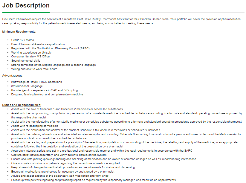HunterSpani's tweet image. Job Alert!!!
Company: Dis-Chem Pharmacies
Position: Post Basic Qualified Pharmacist Assistant
Location: Alberton, Gauteng
Click here to apply: spanihunter.co.za/single-job/?id…
Closing Date: 09 August 2025
Please refer to the picture for more info