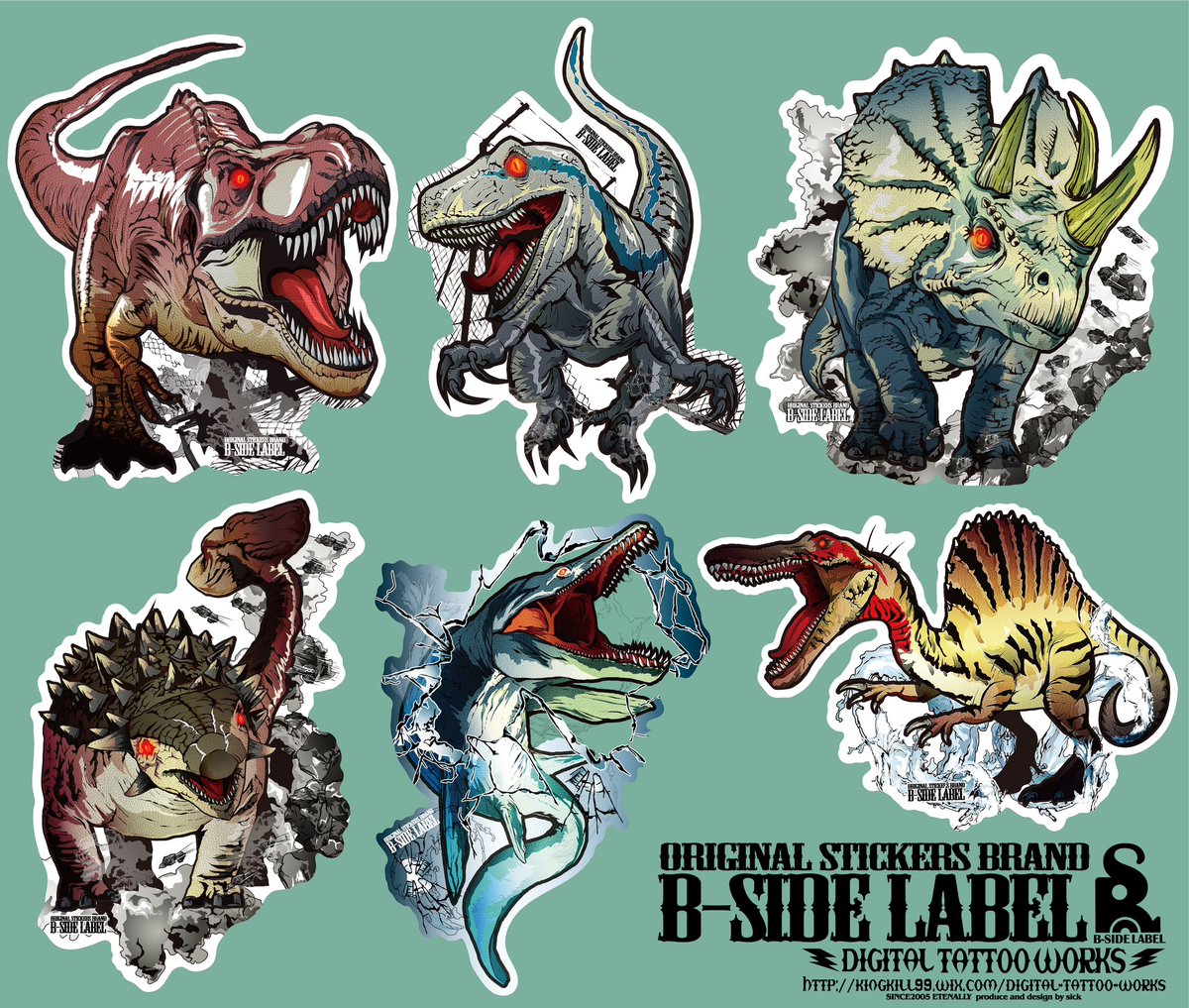 sick_zan's tweet image. b-side labelの【みてコレ!】ATTACK ON DINOSAURのデザインささて貰いました。6種類、色違い合わせて12種類となっとりまっす!
明日から直営店で期間限定で発売されますので宜しくどーぞー!
#bsidelabel
#ビーサイドレーベル