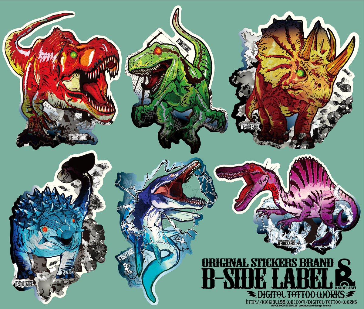 sick_zan's tweet image. b-side labelの【みてコレ!】ATTACK ON DINOSAURのデザインささて貰いました。6種類、色違い合わせて12種類となっとりまっす!
明日から直営店で期間限定で発売されますので宜しくどーぞー!
#bsidelabel
#ビーサイドレーベル