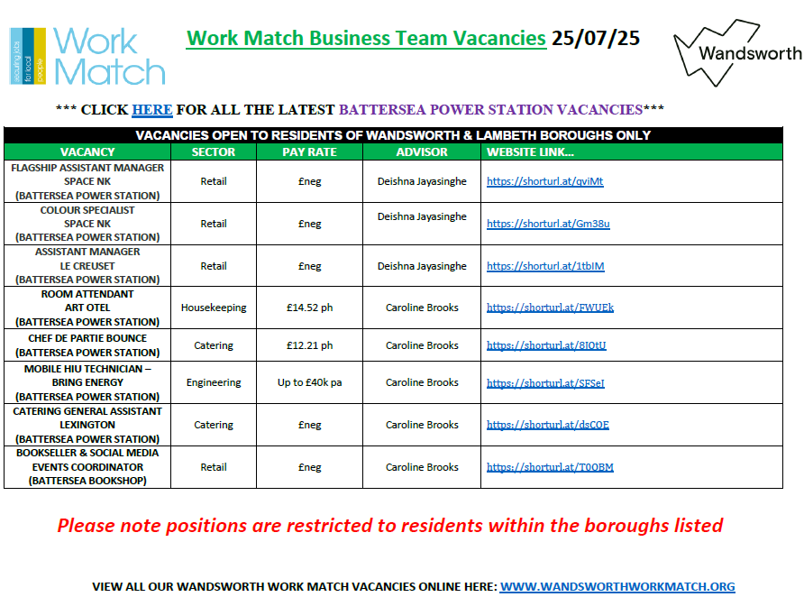WorkMatchWrk's tweet image. It's #Friday
Our list of multisector vacancies from our business engagement team is out.
See images below for latest jobs vacancies in #Richmond & #Wandsworth open to residents of both boroughs 👇👇👇
For details & to apply➡️shorturl.at/pO6Gh
#LiveLocal #WorkLocal