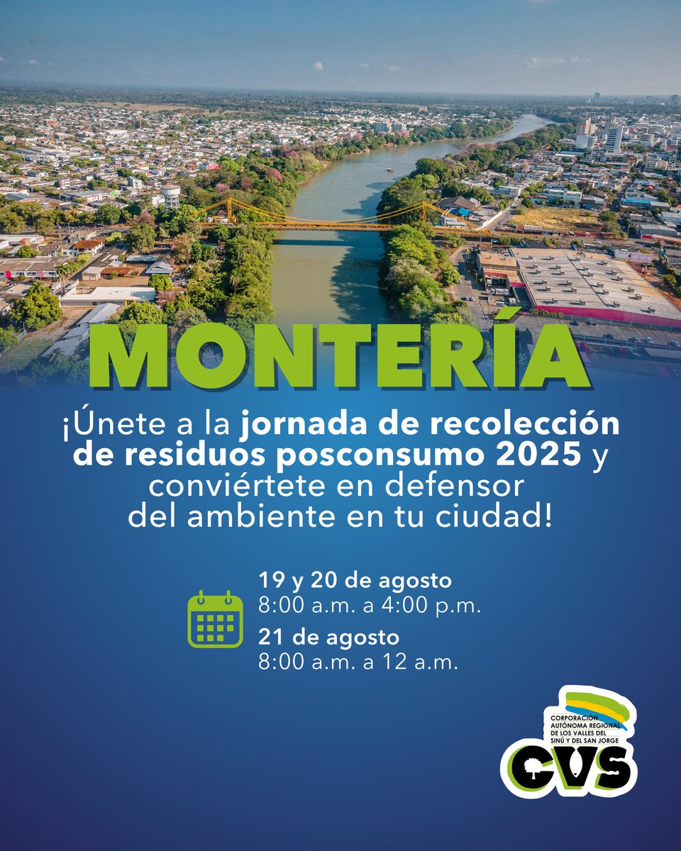 CorporacionCVS's tweet image. 🌿 ¡Únete a la jornada de recolección de residuos posconsumo 2025 y conviértete en defensor del ambiente en tu ciudad!

📅 19, 20 y 21 de agosto

📍 Desliza y conoce los múltiples puntos de recolección en Montería. 

💚 Sé parte del cambio hacia un territorio más sostenible.