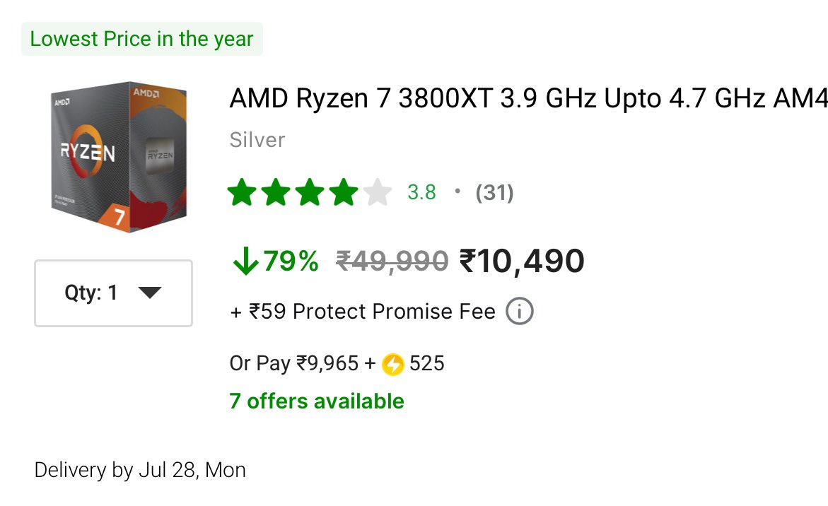 dealztrendz's tweet image. Lowest Price Ever!
AMD Ryzen 7 3800XT 3.9 GHz Upto 4.7 GHz AM4 Socket 8 Cores 16 Threads Desktop Processor for ₹10490
fkrt.cc/gX8FBgx