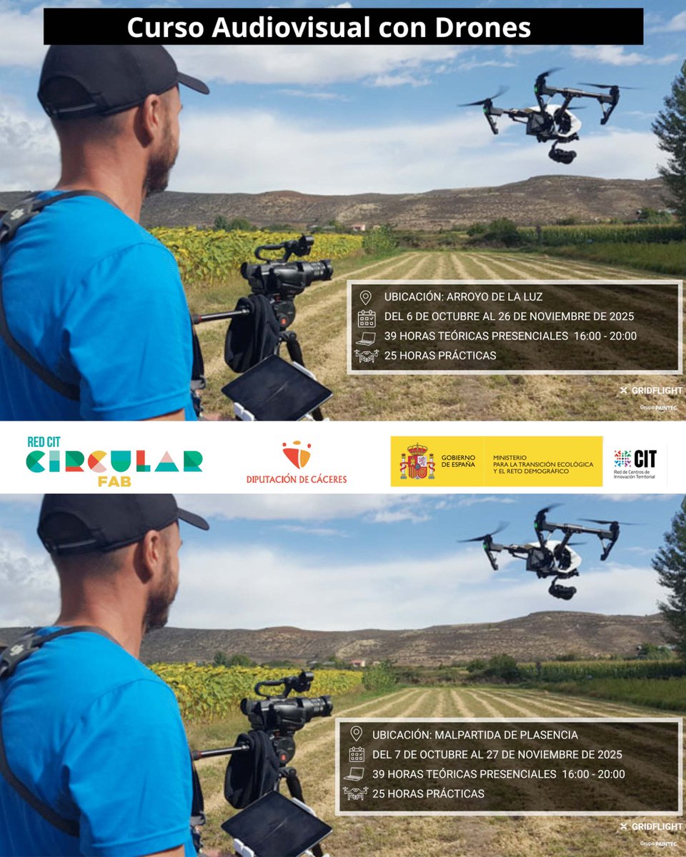 Sindicato ASAEX (@sindicatoasaex) on Twitter photo Abiertas las inscripciones para el #CursoGratuito de piloto y navegación con #Drones orientada #ProducciónAudiovisual de <a href="/CircularFab/">CircularFAB</a> que se impartirá entre el 6 y 7 de octubre y el 27 de noviembre en Malpartida de Plasencia y Arroyo de la Luz.
ℹ️Más info: acortar.link/rMytZy Abiertas las inscripciones para el #CursoGratuito de piloto y navegación con #Drones orientada #ProducciónAudiovisual de <a href="/CircularFab/">CircularFAB</a> que se impartirá entre el 6 y 7 de octubre y el 27 de noviembre en Malpartida de Plasencia y Arroyo de la Luz.
ℹ️Más info: acortar.link/rMytZy