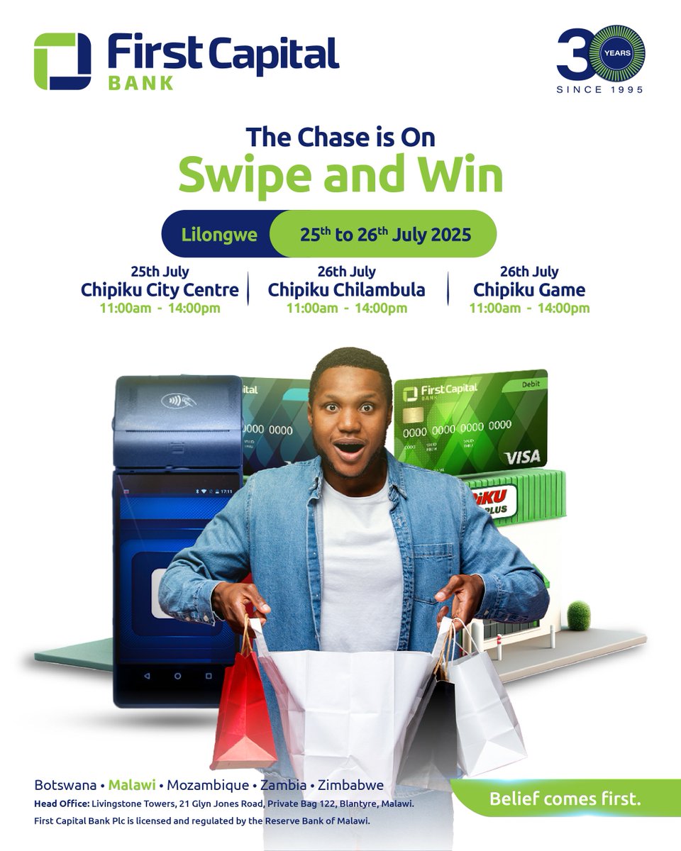 Tipezeni ku Chipiku in Lilongwe and Blantyre for a Swipe and Win activation on 25 and 26 July 2025.

#firstcapitalbank #beliefcomesfirst #30mbambande
