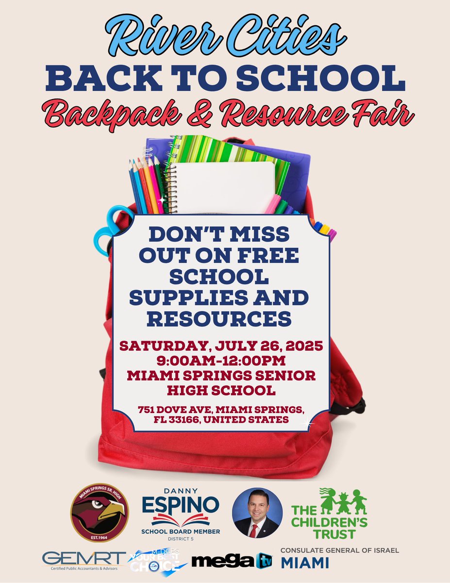 childrenstrust's tweet image. Tomorrow! ‼️ 🗓️ Don’t miss the River Cities Back-to-School Backpack & Resource Fair from 9 a.m. to 12 p.m. at Miami Springs Senior High! The event features FREE school supplies, fun activities, and valuable family resources, including The Children’s Trust Family Expo Pop-Up! 🎒…