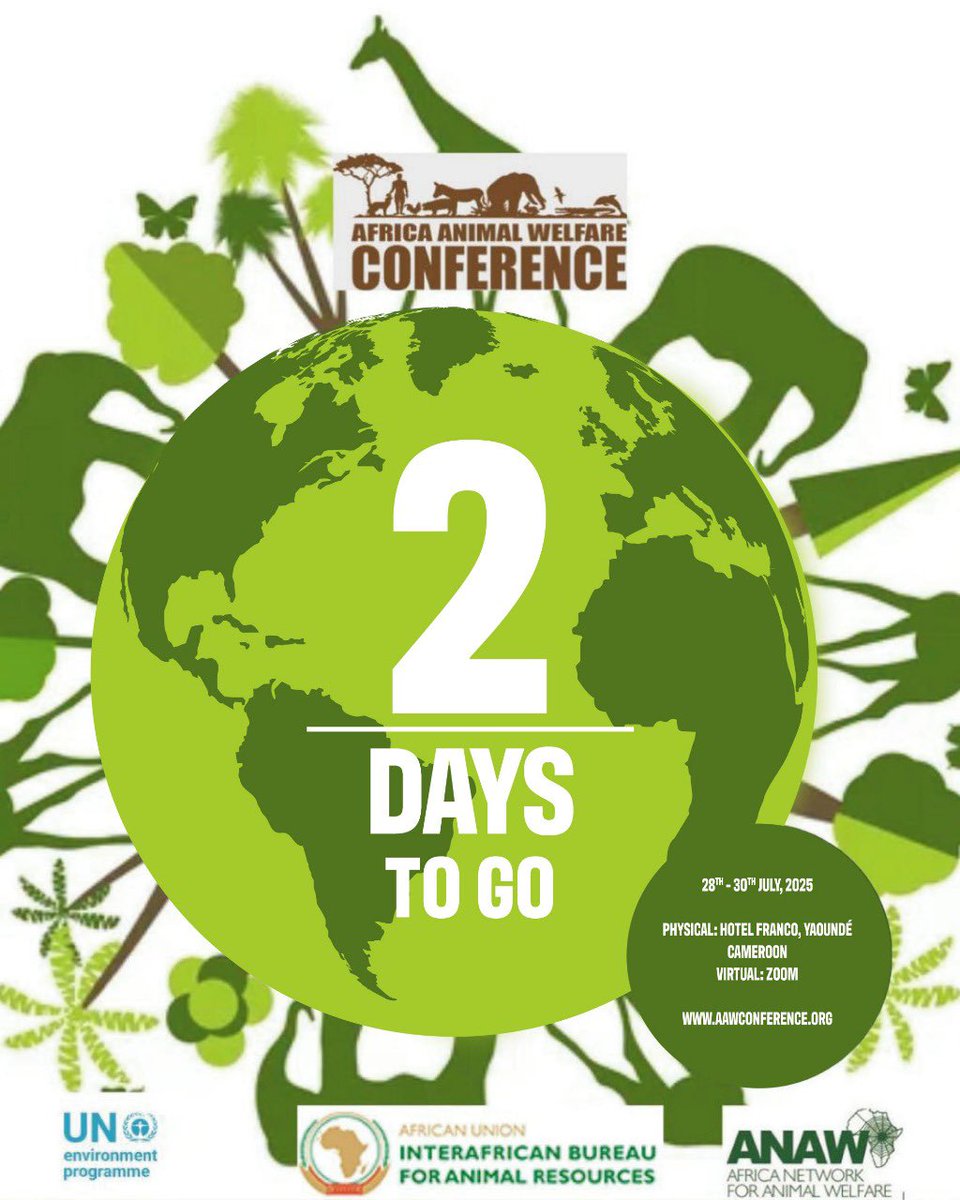 au_ibar's tweet photo. Just 2 days to go! Join us in Yaoundé &amp; online for #AAWC2025 – Africa’s key forum on animal welfare, environment &amp; climate resilience.

28–30 July | 📍 Hotel Franco &amp; Zoom

#AnimalWelfare 

🔗 Register Today: https://t.co/9ciVaaQudH
#AnimalWelfare https://t.co/ACM1mxLPo1