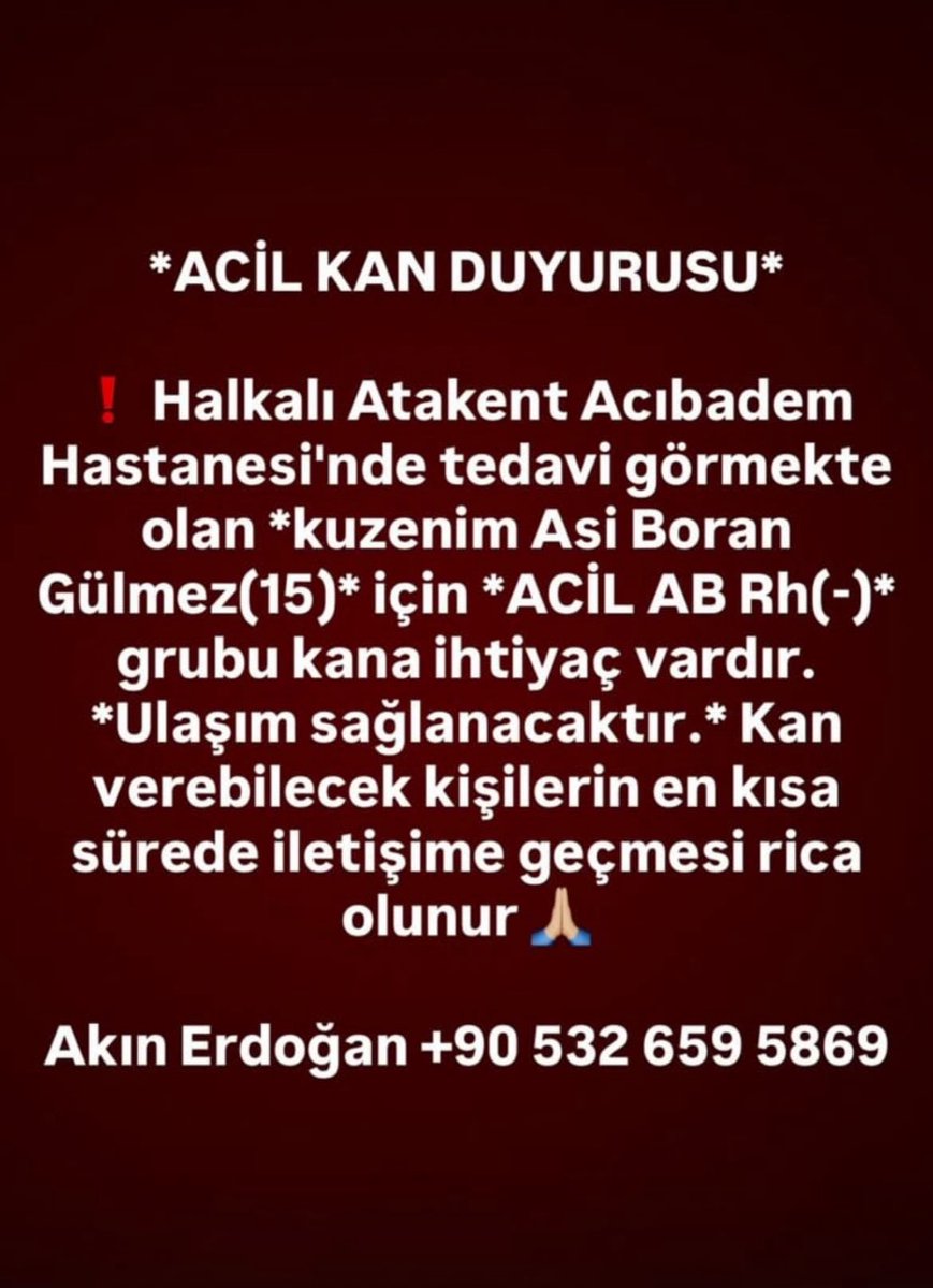 ACİLLL‼️ 

15 yaşındaki mahallemizin gencine çok acil kan lazım.
Nadir bulunan bir kan grubu lütfen el atalım.

Yayabilir miyiz!