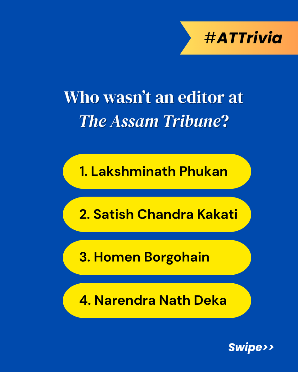 assamtribuneoff's tweet photo. Answer & Win!
Get 10% OFF on your first month of our PRINT subscription β because good news deserves a good deal.
π¬ Subscribe now and grab the offer! Click here to avail the offer https://t.co/XyducxuwI7
#ATTrivia #Assam #TheAssamTribune https://t.co/dfxPP0jGHU