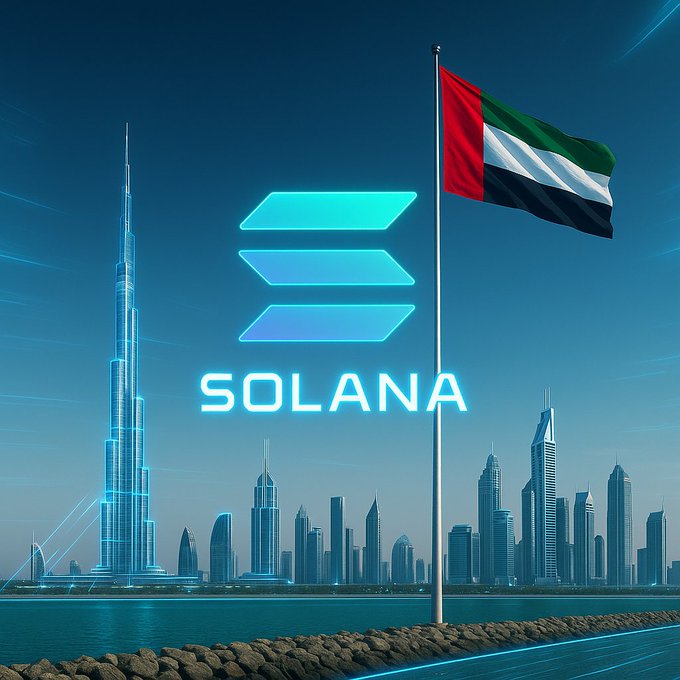 Solana logo with UAE flag and Dubai skyline