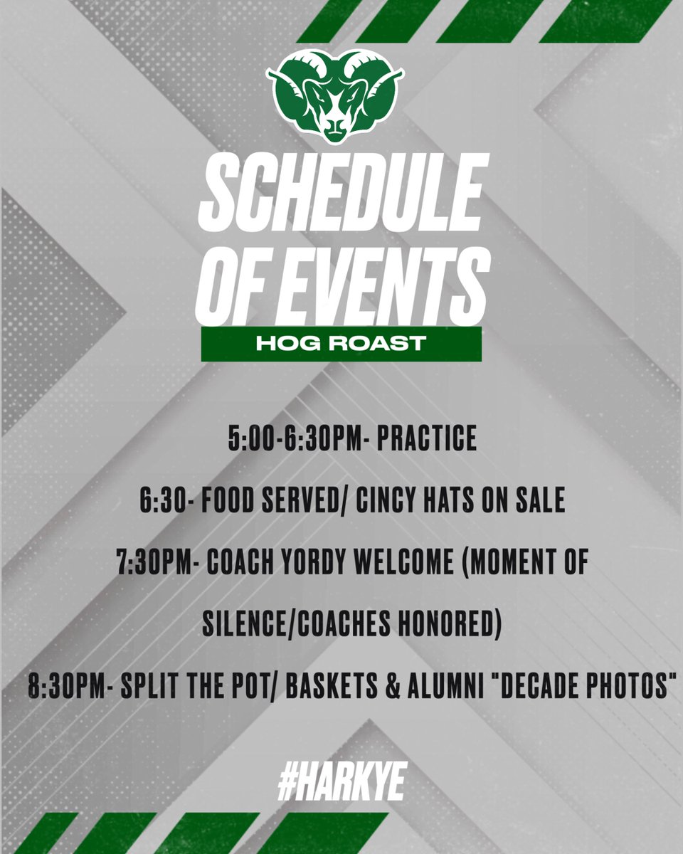 RAMSSPORTS's tweet image. Tonight is the night! Here is the schedule for tonight&apos;s @BHSfootball4 Annual Hog Roast!

Be sure to grab your Cincy Hat in the PFAC after practice! ($35 cash, card, check)

#HarkYe 🐏
