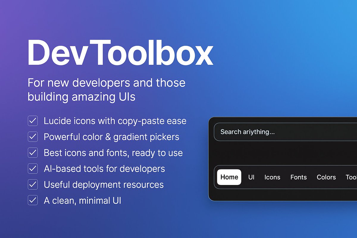 JatinMehta35630's tweet photo. ๐ Try it now: https://t.co/8iFF1DoWt7
๐ Just launched DevToolbox โ a must-have for developers!
โ
Best icons (Lucide)
โ
Tailwind utilities & fonts
โ
Gradient + color generators
โ
AI-based dev tools
Built to help beginners & pros alike.
#DevToolbox #ReactJS #buildinpublic https://t.co/1lsjfHii6R