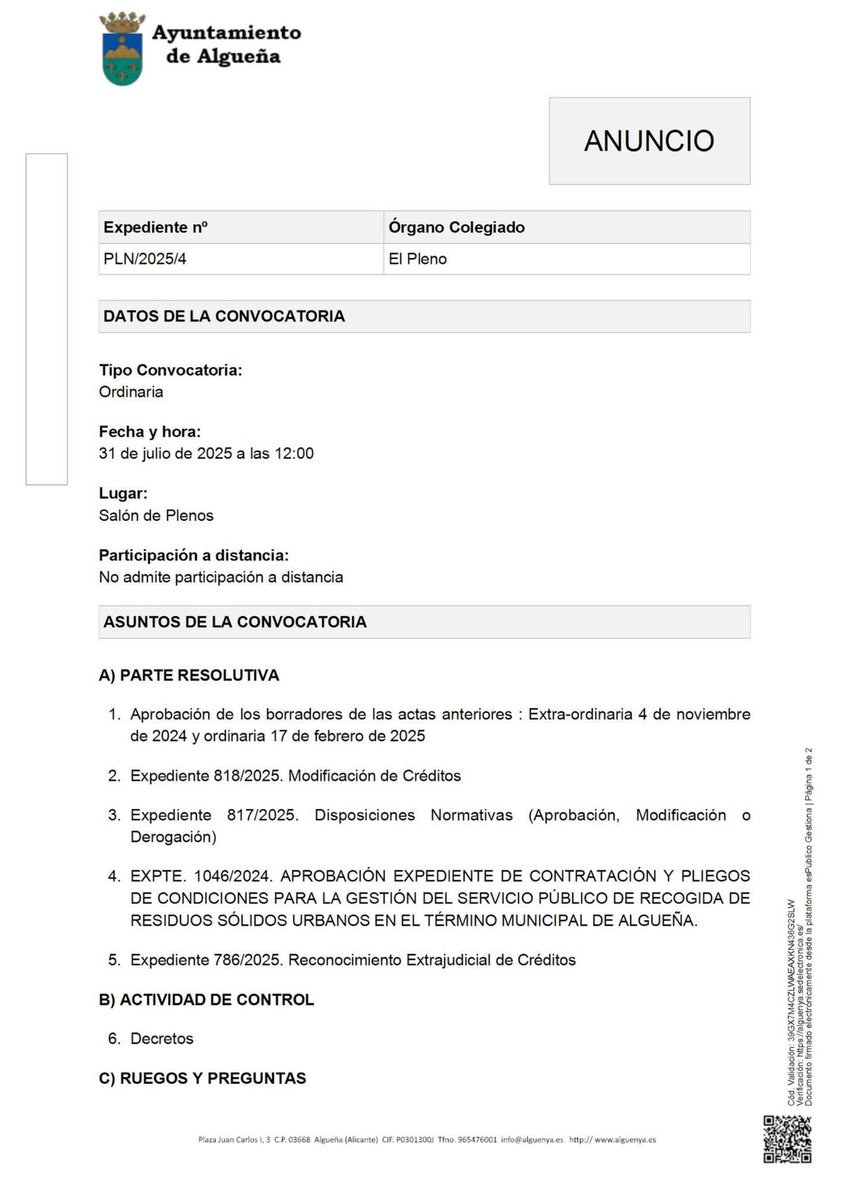 aytoalguenya's tweet image. 📢 ANUNCIO - #Pleno Sesión Ordinaria, 31 de julio 2025
🕚 12:00 H.
📍 @aytoalguenya
#Algueña #lAlguenya