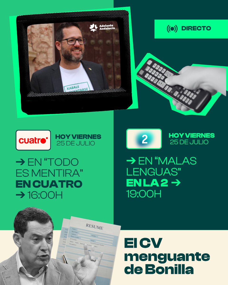 AdelanteAND's tweet image. 📺 ¡Atención! Esta tarde estaremos en televisión hablando del currículum menguante de Moreno Bonilla.
➡️ 16:00 @todoesmentiratv en @cuatrotv
➡️ 19:00 @malaslenguastve en @la2_tve