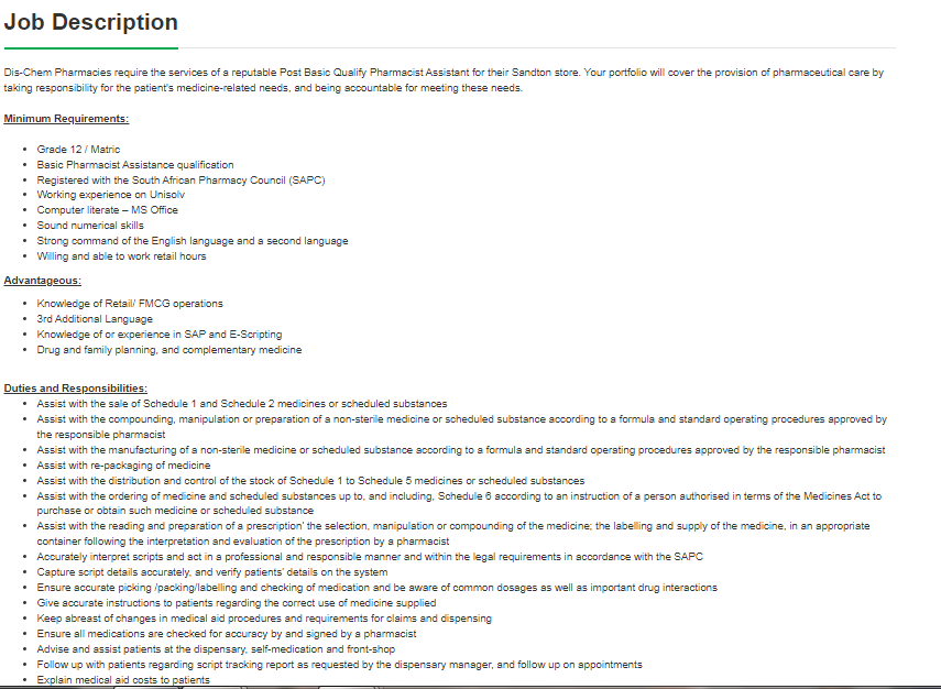 HunterSpani's tweet image. Job Alert!!!
Company: Dis-Chem Pharmacies
Position: Post Basic Qualified Pharmacist Assistant
Location: Sandton, Gauteng
Click here to apply: spanihunter.co.za/single-job/?id…
Closing Date: 07 August 2025
Please refer to the picture for more info