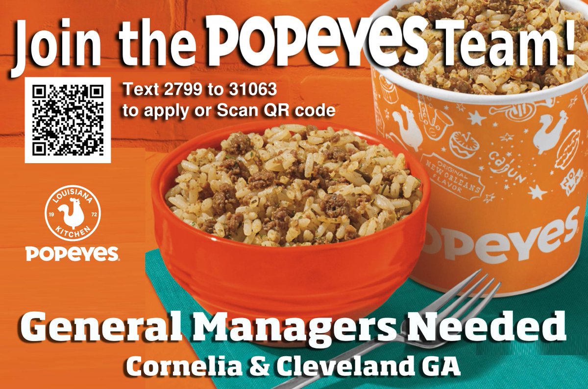 FunkyChickenATL's tweet image. 📢 WE’RE HIRING!
🔥 General Manager – Cornelia &amp;amp; Cleveland, GA 🔥
Ready to lead a team, grow your career, and make your mark with a legendary brand?
Join Popeyes® as a General Manager and bring the heat!  #CorneliaGA #ClevelandGA #NorthGAJobs